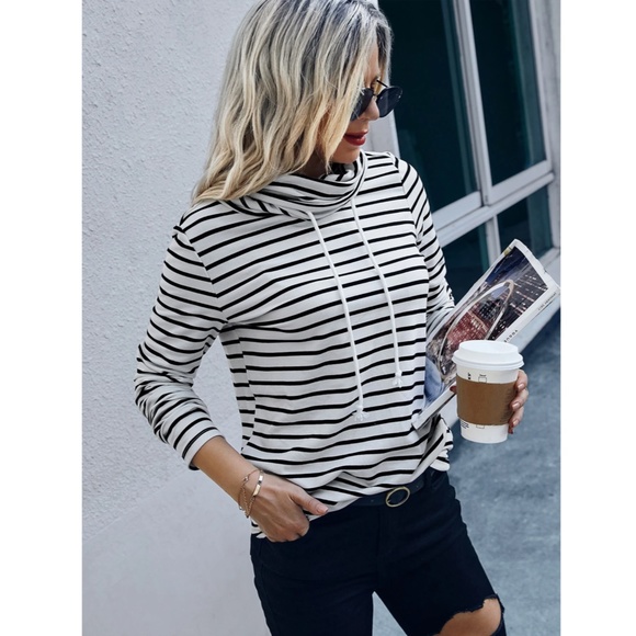Striped Long Sleeve Tee Shirt White Black Drawstring Neck - Picture 3 of 5